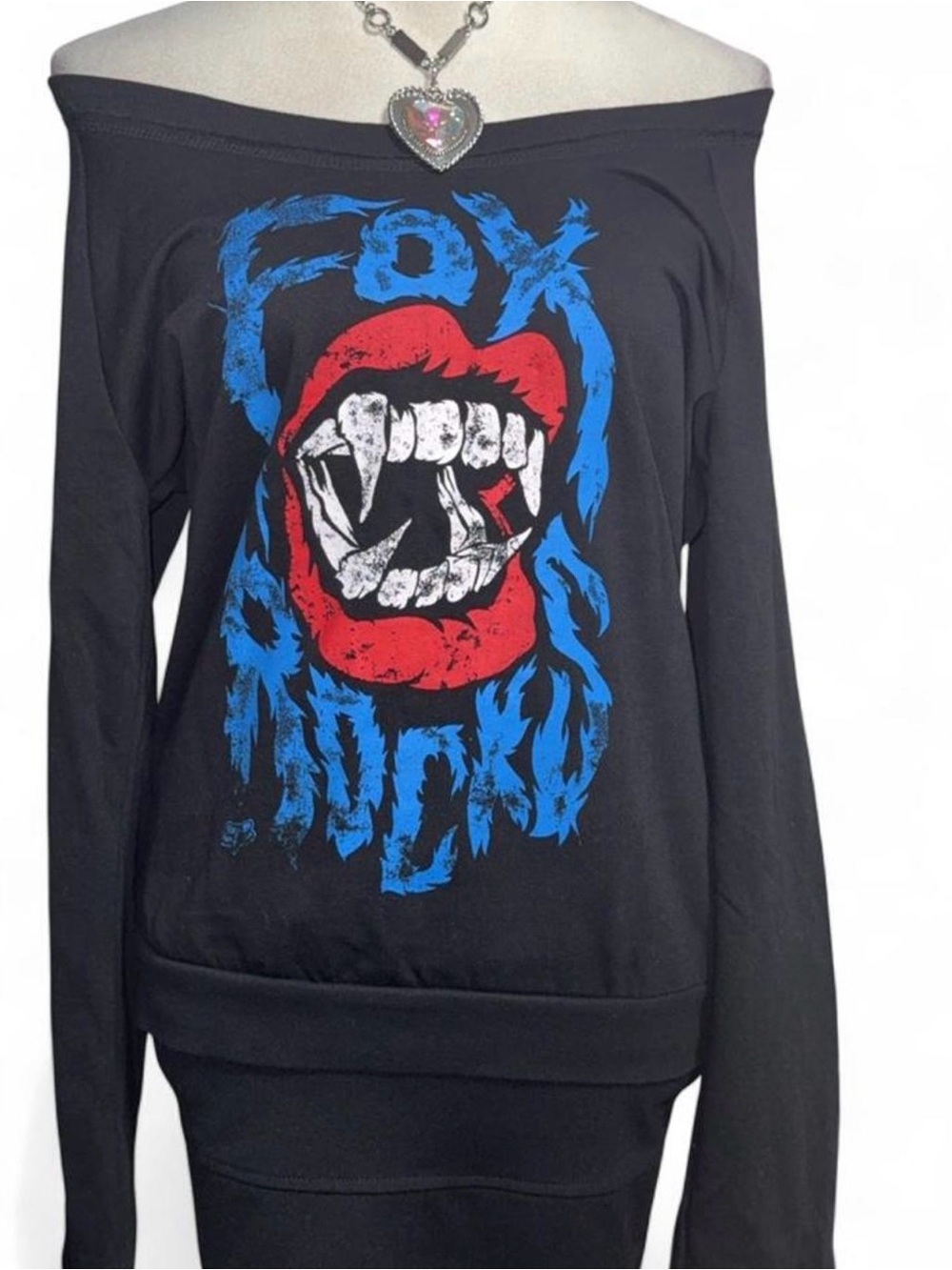 Fox Off-Shoulder Black Long Sleeve Tee with Red & Blue Vampire Mouth Graphic